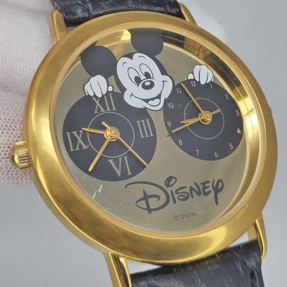Disney Mickey Mouse Dual Dial Watch Gold Black Band H2F - Picture 2 of 14